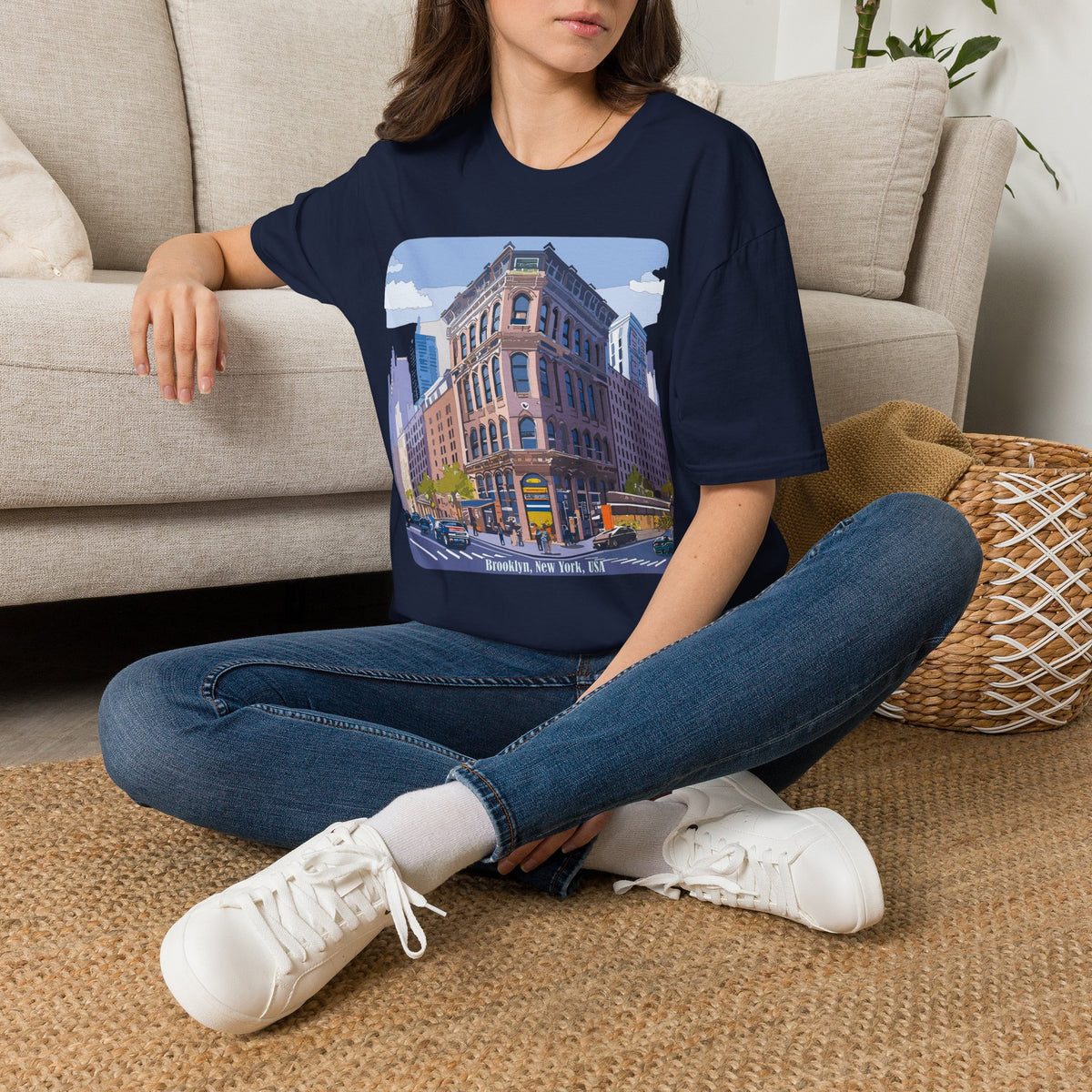 Brooklyn New York Retro Cityscape T-Shirt — Illustrated Landmark Tee Travel Tourist Graphic Design Unisex 100 Cotton Gildan T-Shirt