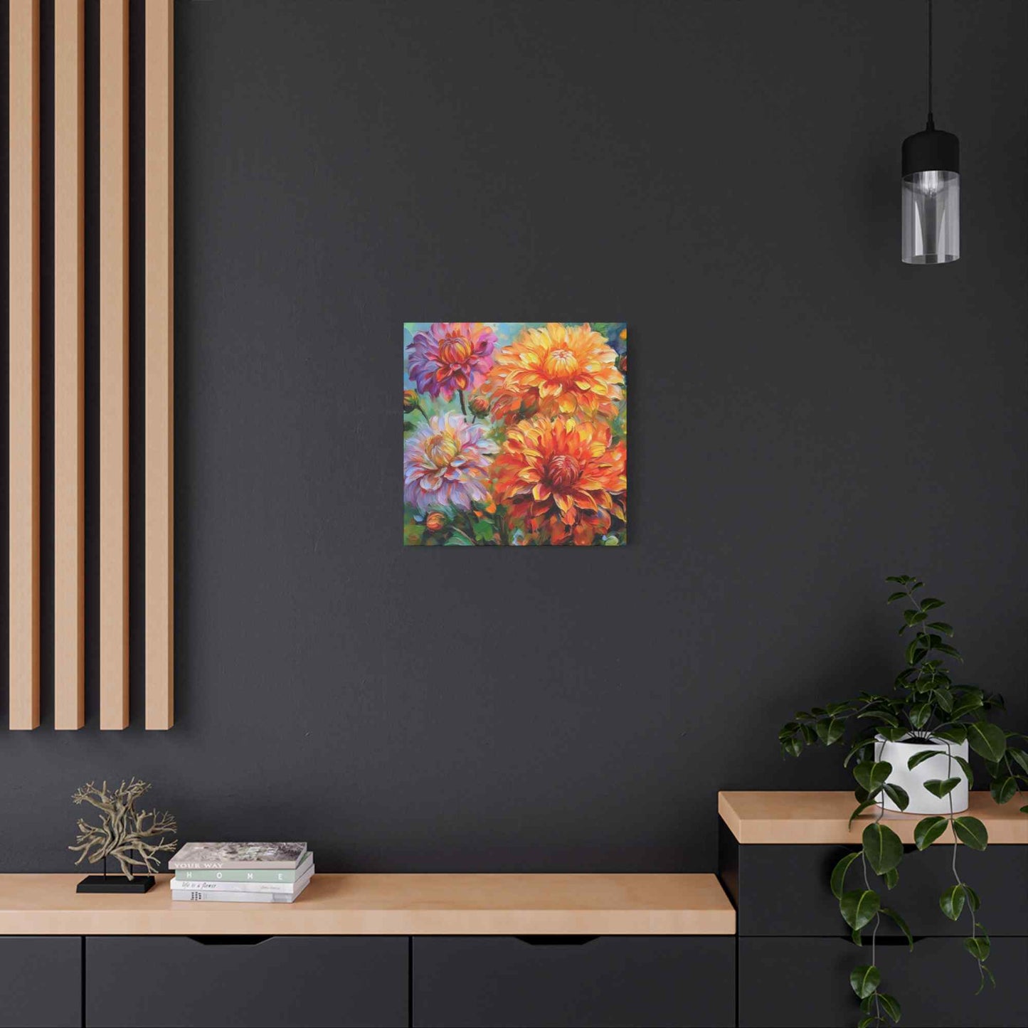 Dahlias Floral Print Canvas, Floral Oil Paint Print 20x20, 24x24, 30x30, 32x32, 36x36 Art Design Pine-Wood Inner Frame MC-166