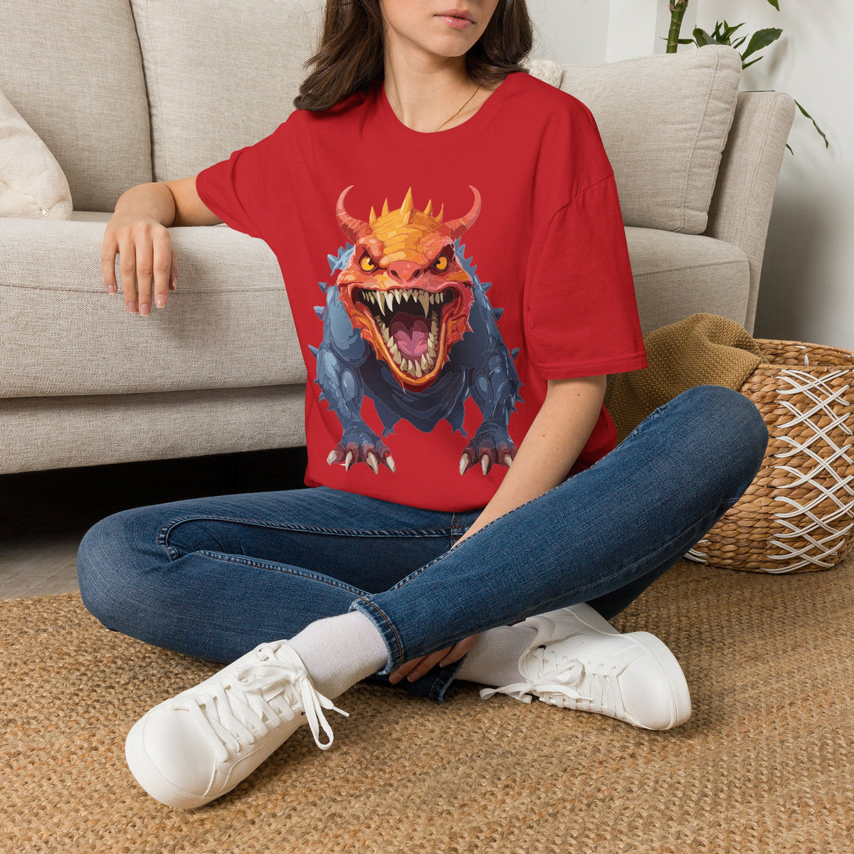 Dragon Monster T-Shirt — Fierce Orange & Blue Fantasy Creature Cartoon Graphic Tee Unisex 100 Cotton Gildan T-Shirt