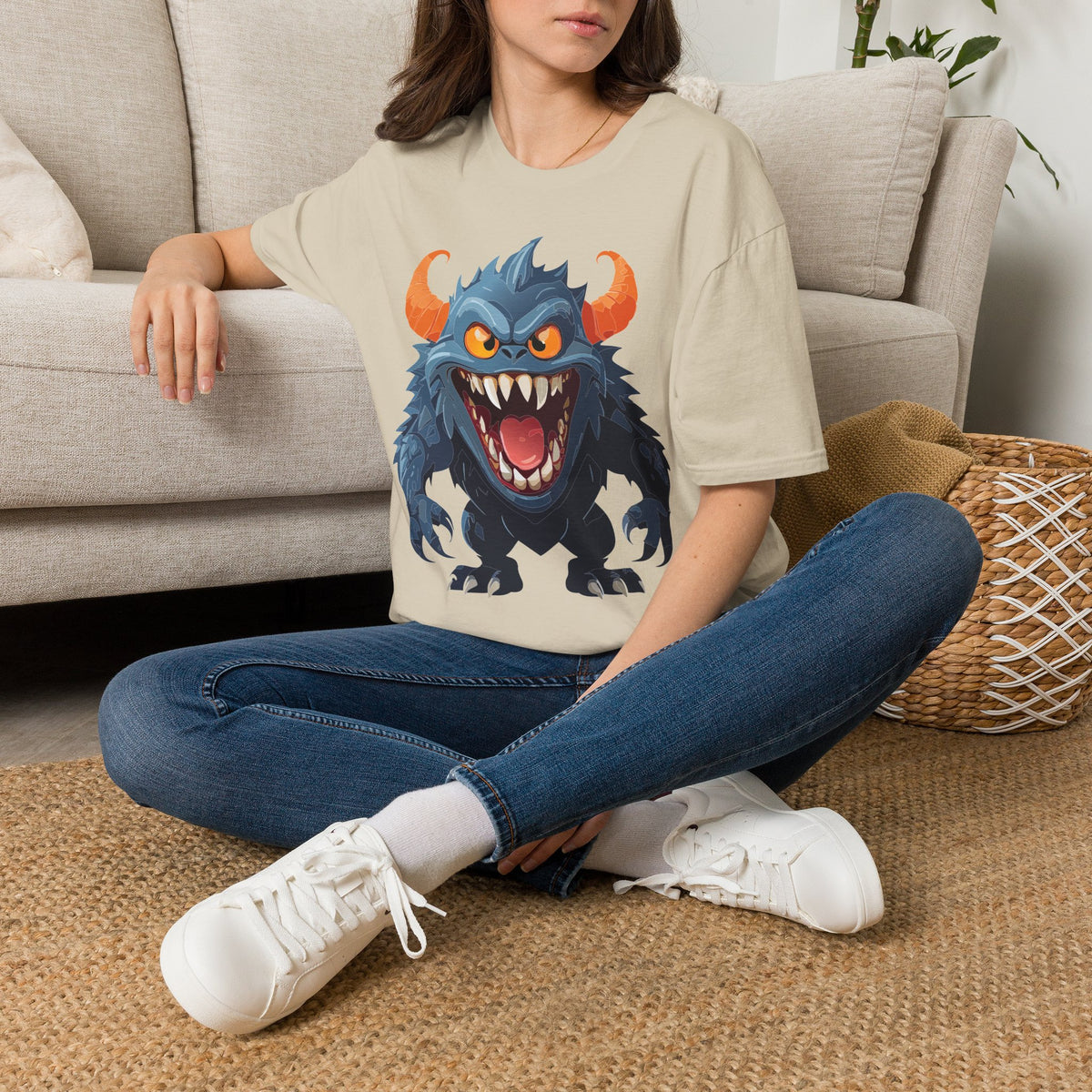 Monster Graphic T-Shirt — Fierce Blue Horned Creature Cartoon Graphic Tee Unisex 100 Cotton Gildan T-Shirt