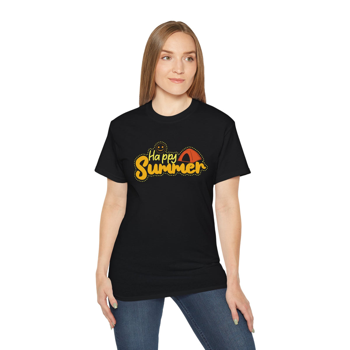 Happy Summer Sunshine Graphic Tee | Beach Tent, Sunglasses, Retro Script