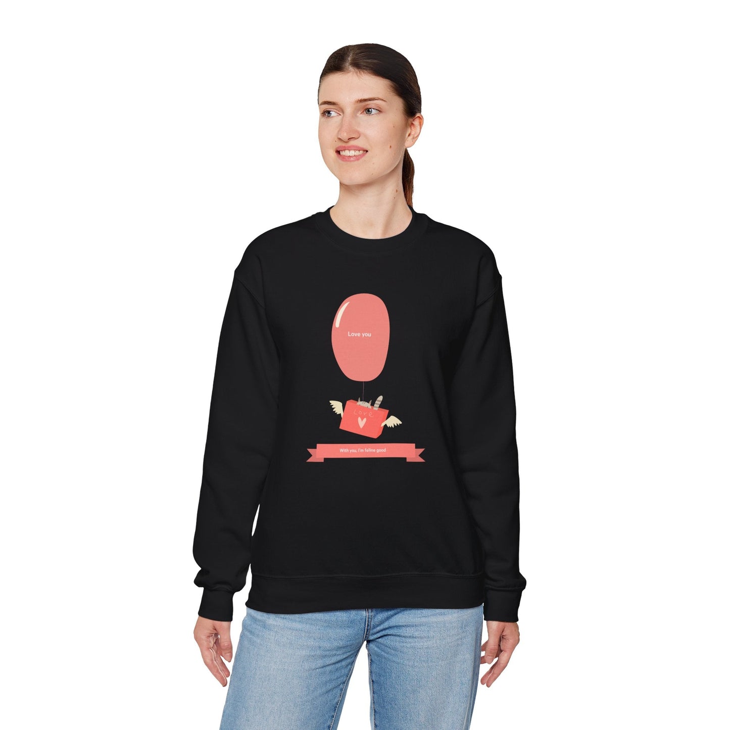 Cat Love Balloon Sweatshirt Unisex Fifty Fifty Cotton Poly Valentine Heavy Blend Crewneck Sweatshirt