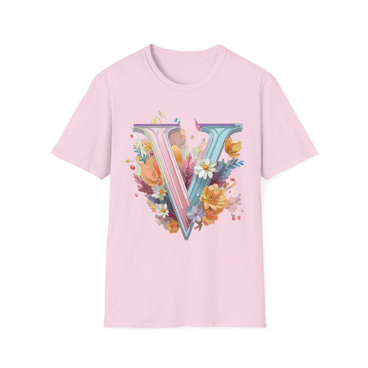 Floral Letter V T-Shirt | Pastel Botanical Initial Tee