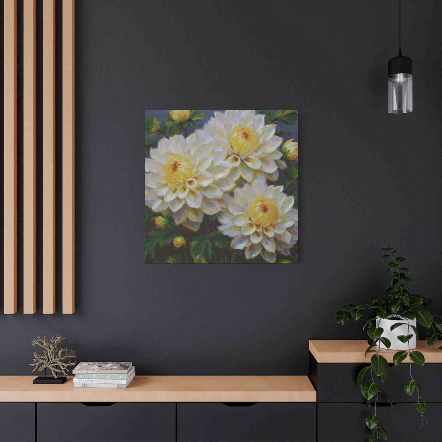 White Dahlias Print Canvas, Floral Oil Paint Print 20x20, 24x24, 30x30, 32x32, 36x36 Art Design Pine-Wood Inner Frame MC-168