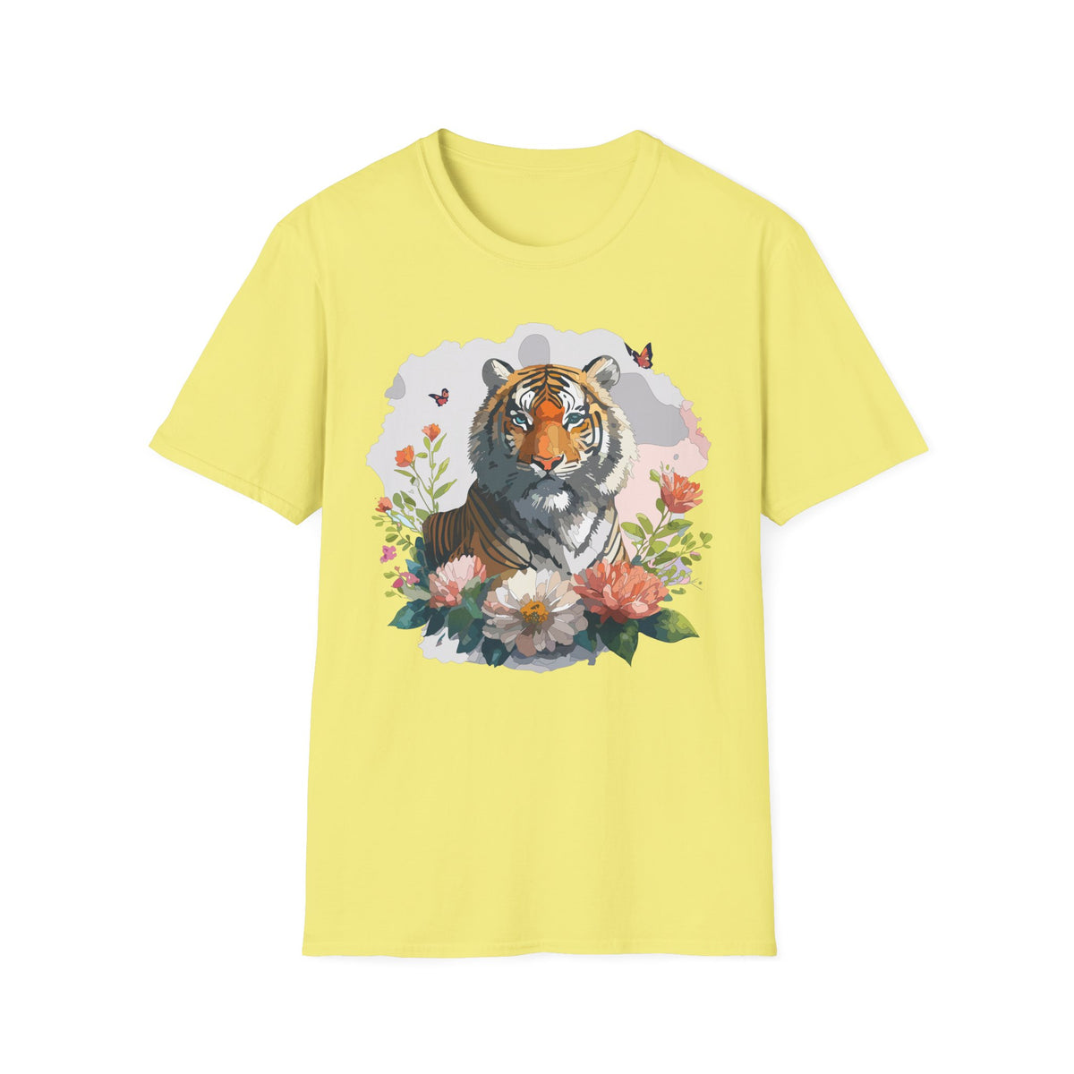 Floral Tiger Illustration T-Shirt | Tiger Portrait Tee, Butterfly Accents