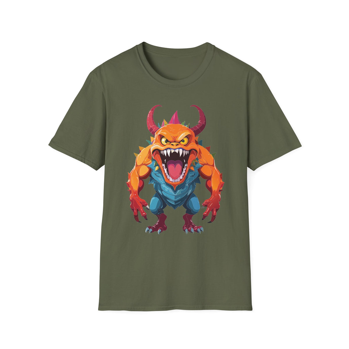 Monster Graphic T-Shirt — Fierce Orange Demon Design Cartoon Graphic Tee Unisex 100 Cotton Gildan T-Shirt