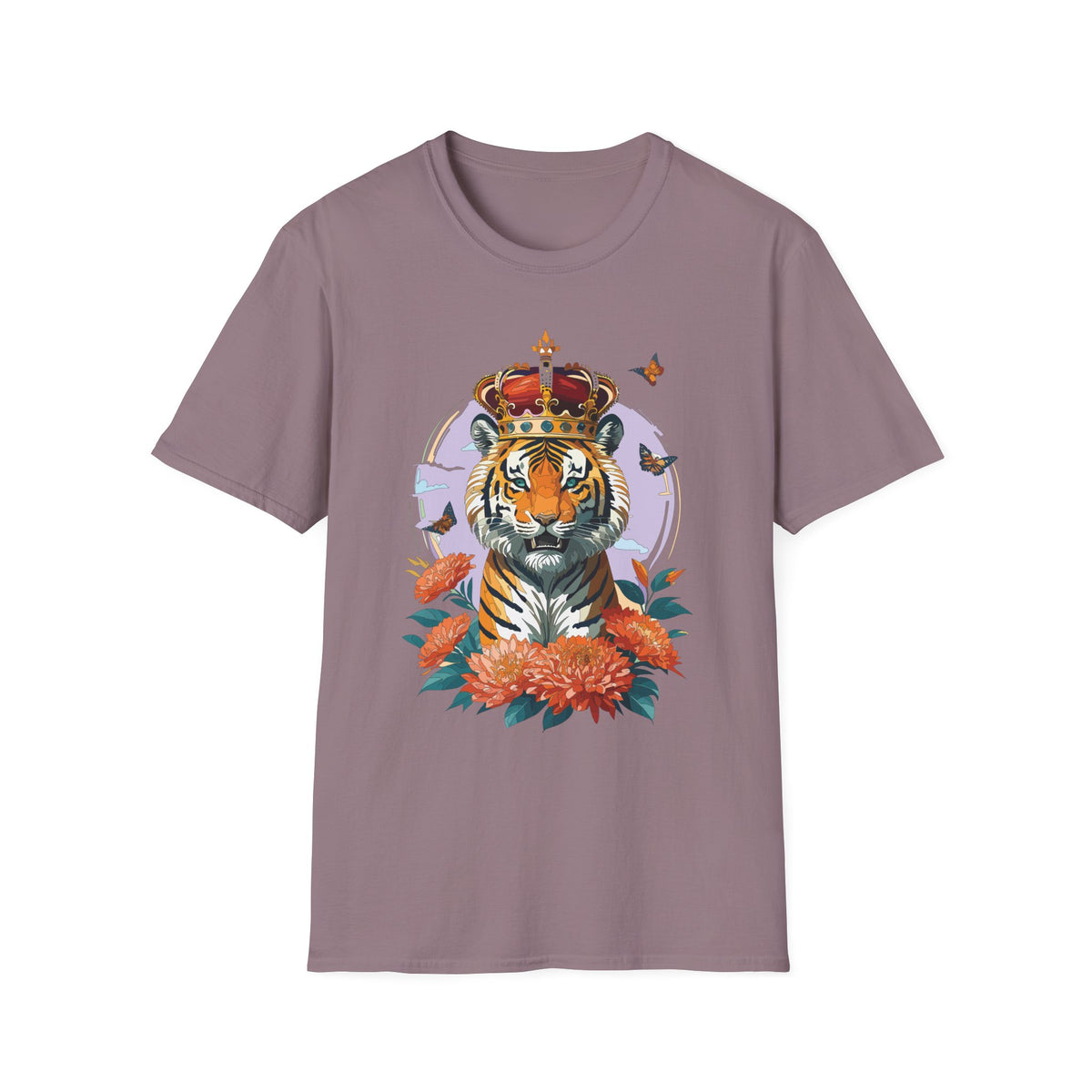 Tiger with Crown T-Shirt | Regal Tiger Artwork, Floral Accents - Unisex 100 Cotton Gildan 64000
