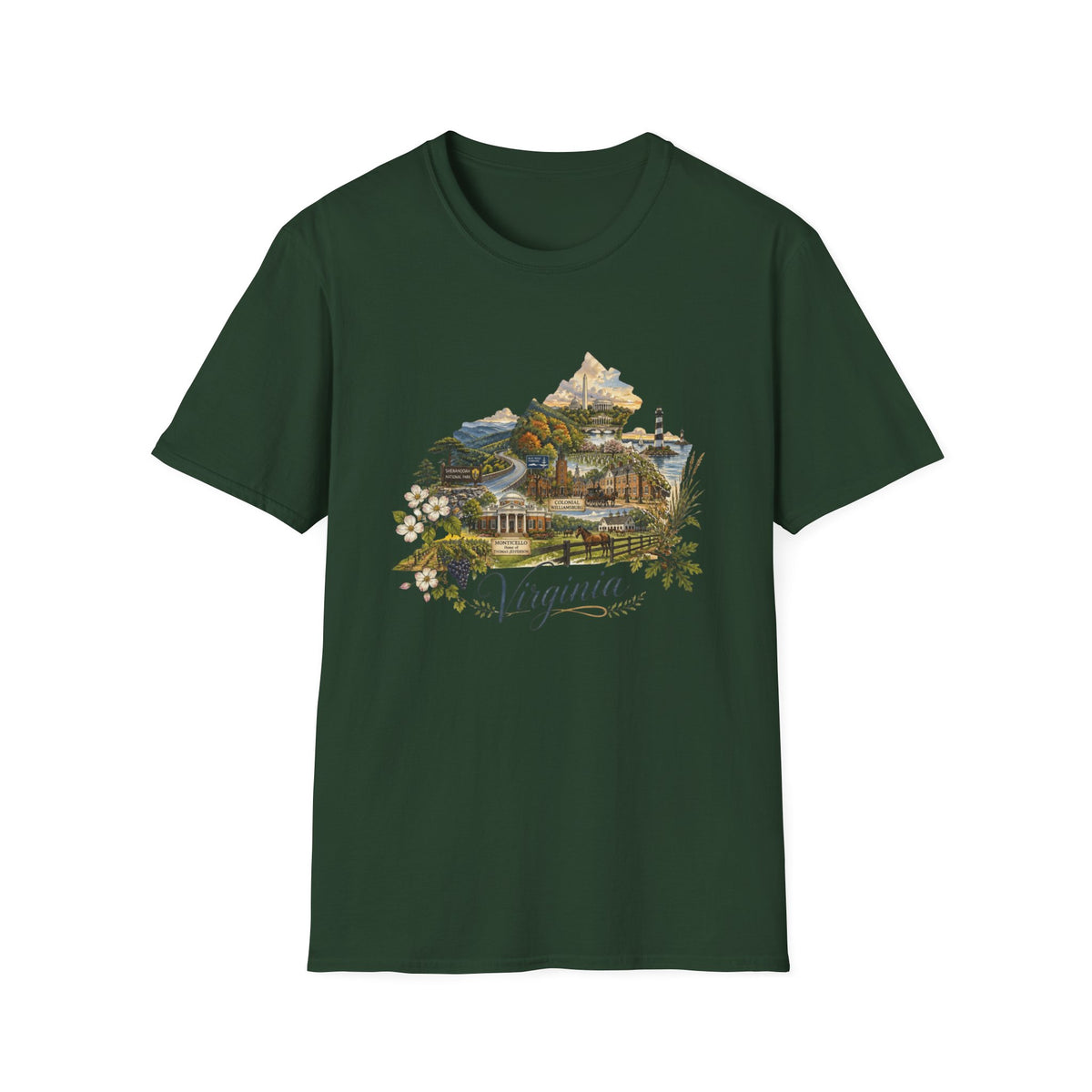 Virginia State Scenic T-Shirt — Vintage Mountains & Coastal Landmarks Travel Tourist Graphic Design Unisex 100 Cotton Gildan T-Shirt