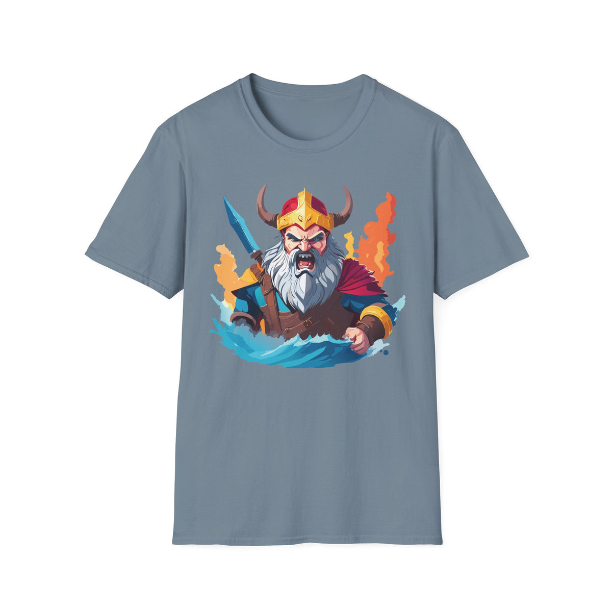 Viking Warrior Illustration T-Shirt | Horned Helmet, Sword, Flames