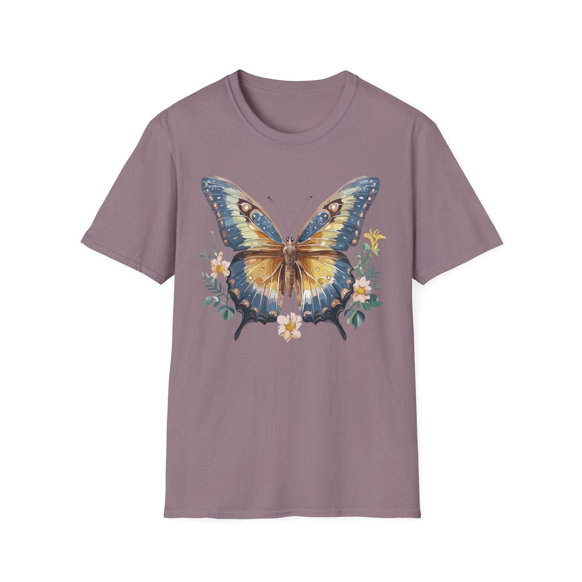 Golden Blue Butterfly T-Shirt | Botanical Accent Graphic Tee Unisex 100 Cotton Gildan T-Shirt