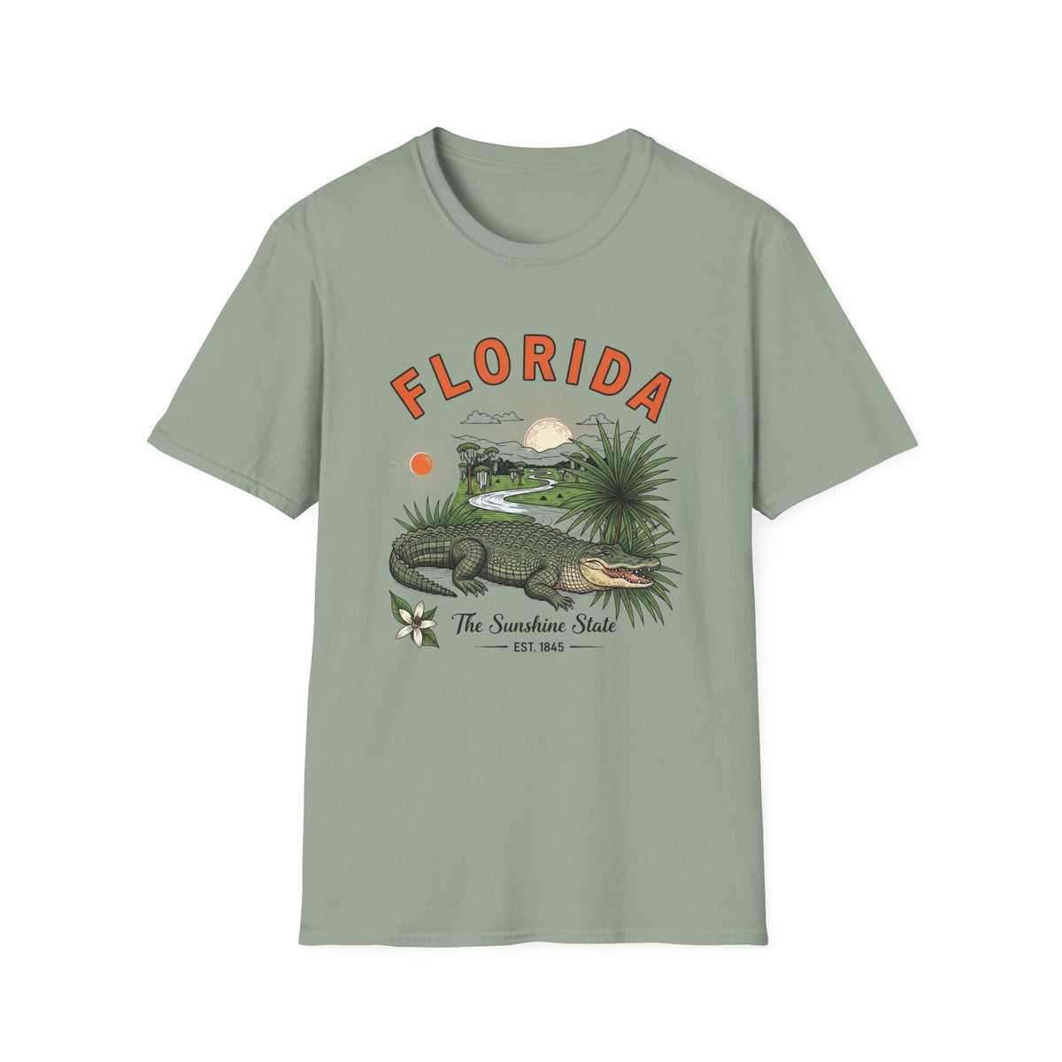 Florida Alligator Graphic T-Shirt — The Sunshine State Vintage Design Travel Tourist Graphic Design Unisex 100 Cotton Gildan T-Shirt