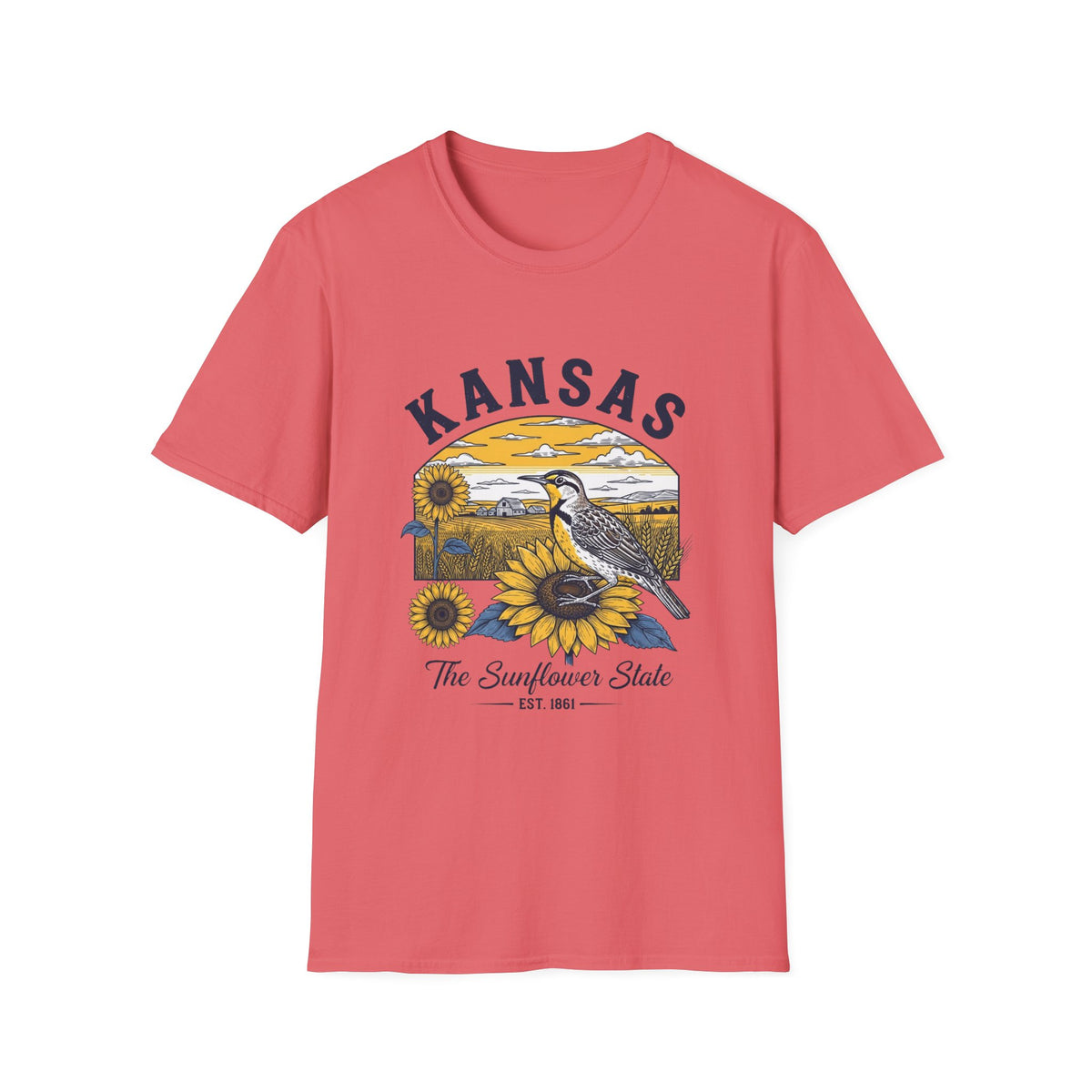 Kansas Sunflower State T-Shirt — Meadowlark Sunflowers Travel Tourist Graphic Design Unisex 100 Cotton Gildan T-Shirt