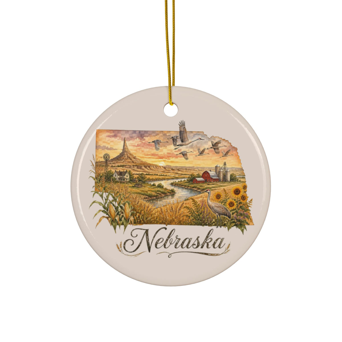 Nebraska Landscape Ceramic Ornament | State Scene Double-Sided - 2.99" Includes Gold String