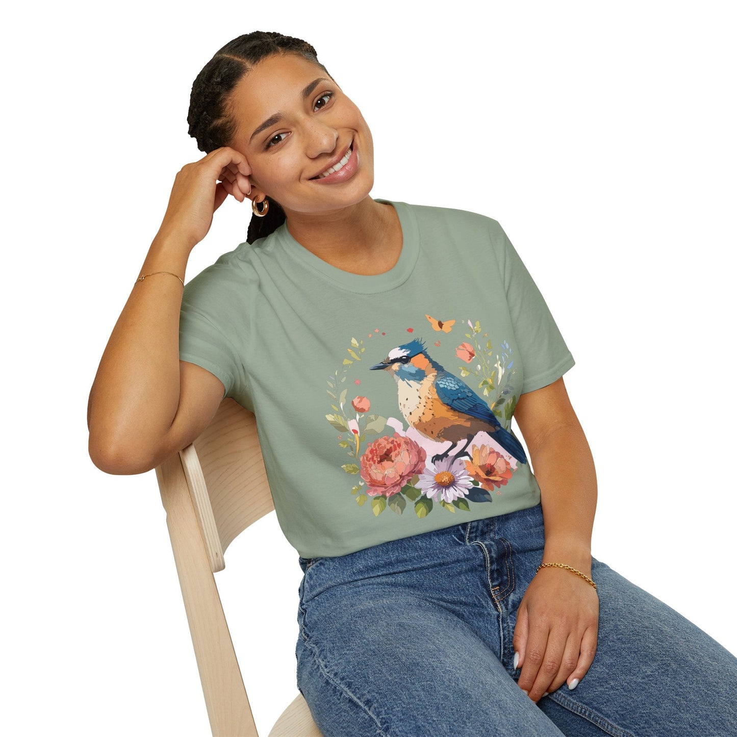 Floral Bird T Shirt Unisex Softstyle Gildan 64000 Tee 100 Percent Ring Spun Cotton
