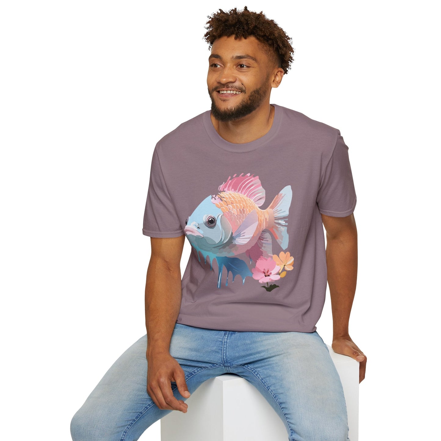 Fish Art Design Shirt Unisex Graphic Tee 100 Percent Ring Spun Cotton Softstyle Gildan 64000