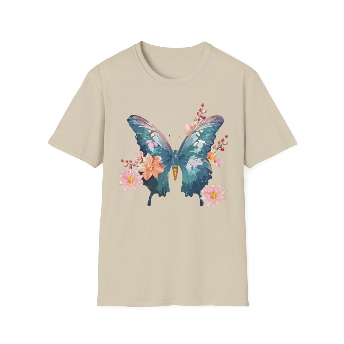 Watercolor Blue Butterfly T-Shirt | Floral Accent Graphic Tee Unisex 100 Cotton Gildan T-Shirt