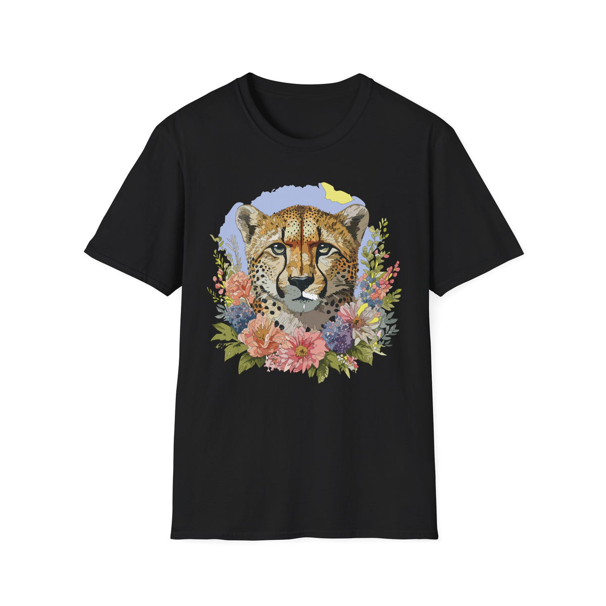 Cheetah Face Floral Illustration T-Shirt | Wildlife Animal Tee