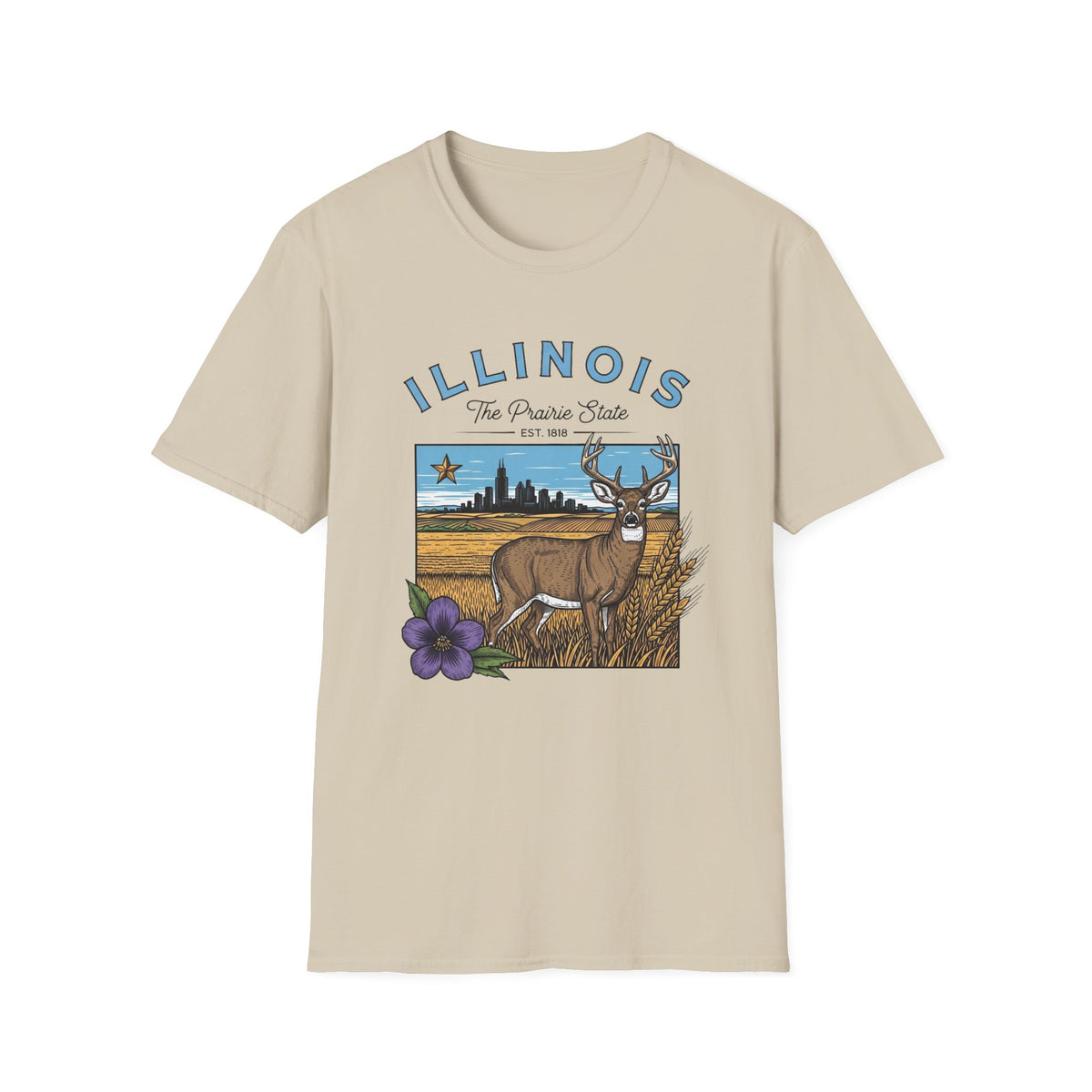 Illinois Deer State T-Shirt — The Prairie State Travel Tourist Graphic Design Unisex 100 Cotton Gildan T-Shirt
