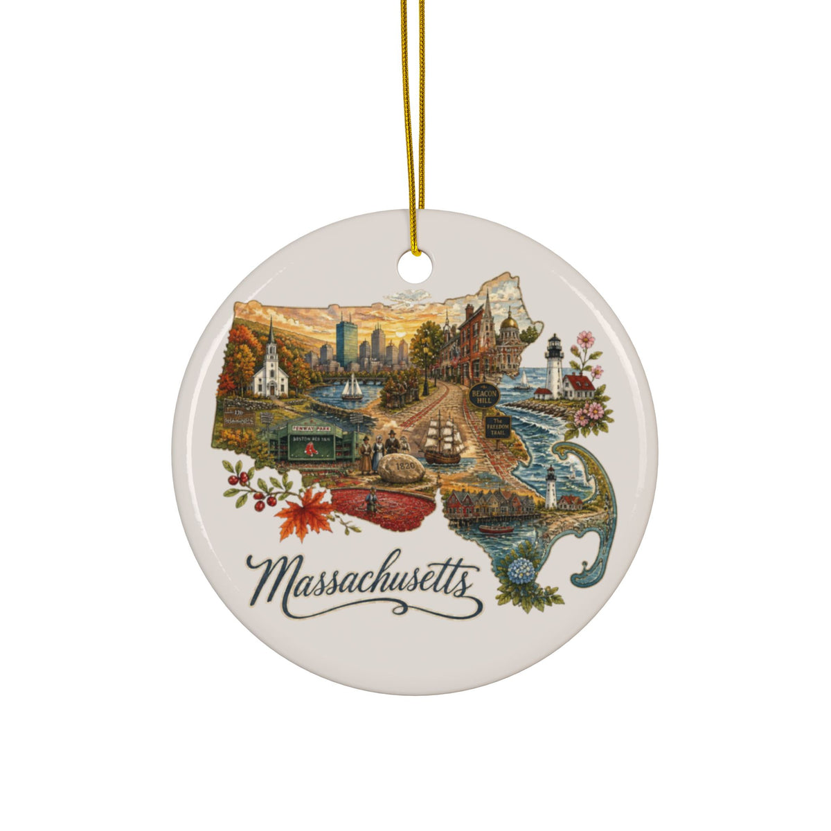 Massachusetts State Map Illustration Ceramic Ornament | Round Holiday Ornament - 2.99" Includes Gold String