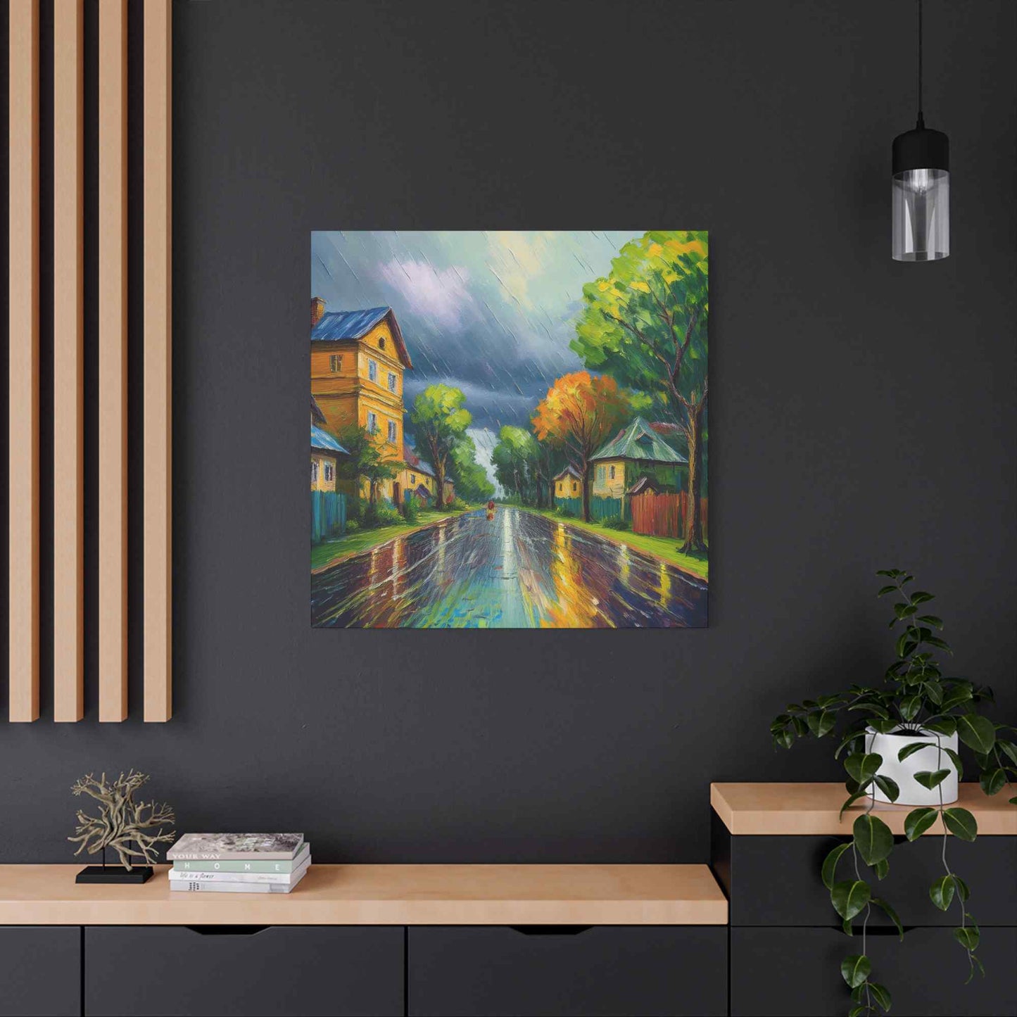 Rainy Village Street Canvas, Matte Oil Paint Print 20x20, 24x24, 30x30, 32x32, 36x36, Art Design Print Non-Frame MC-1