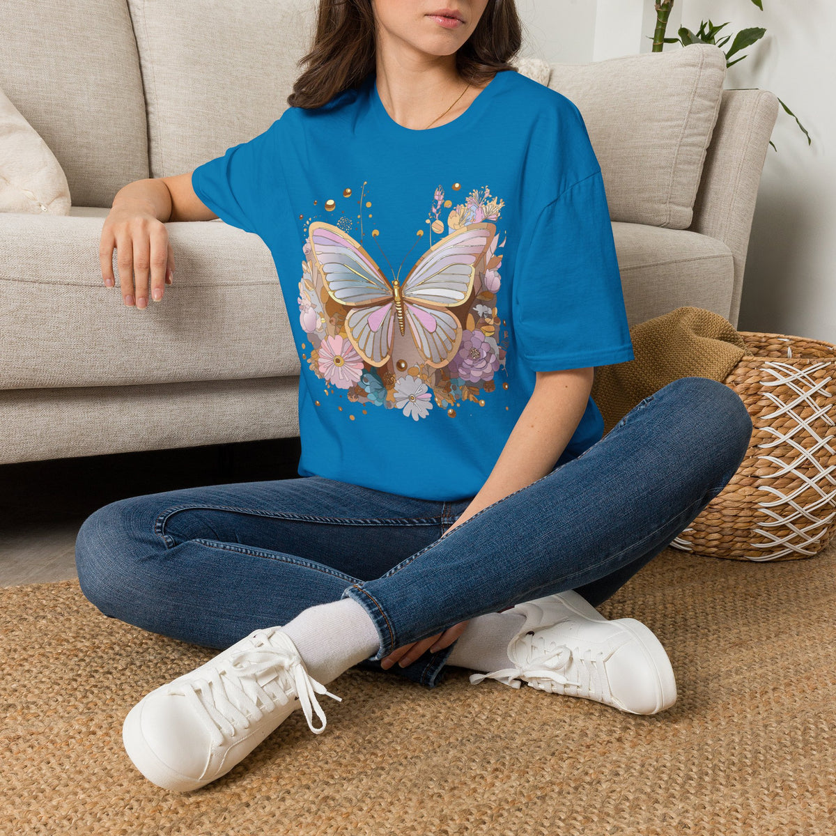 Pastel Butterfly Floral T-Shirt — Gold Accent Butterfly Graphic Design Unisex 100 Cotton Gildan T-Shirt