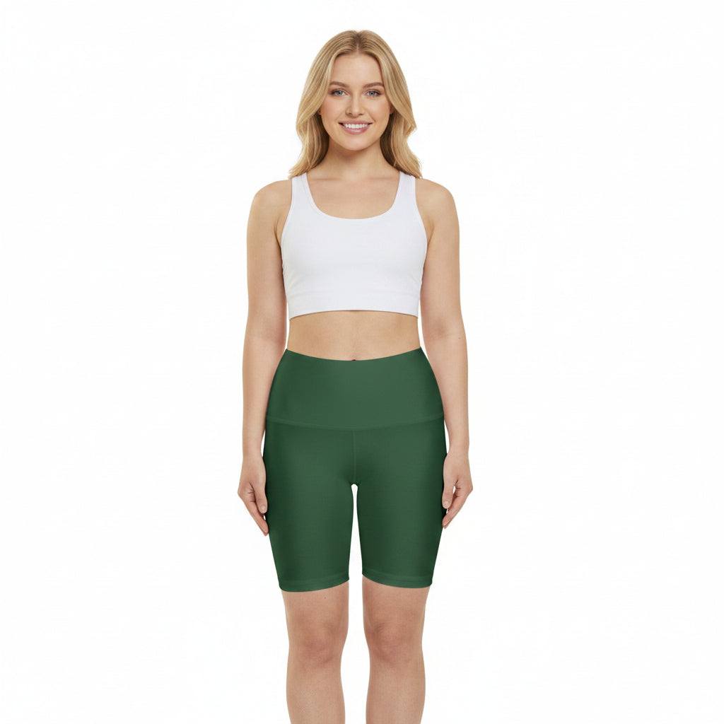 Hunter Green High-Waist Women's Workout Shorts — Olive Green Performance Biker Shorts