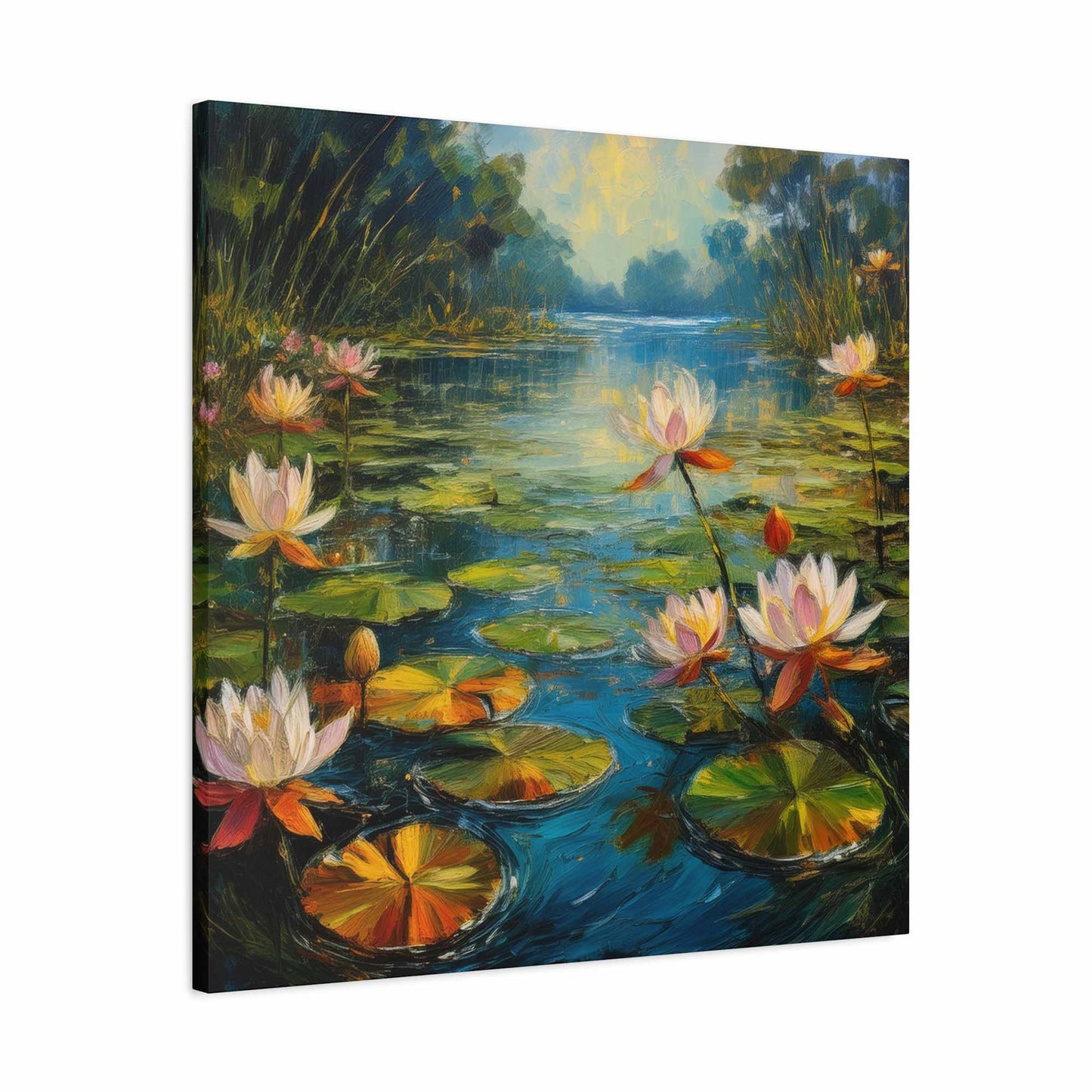 Water Lilies Print Canvas, Oil Paint Print 20x20, 24x24, 30x30, 32x32, 36x36 Art Design Print Pine-Wood Inner Frame MC-62