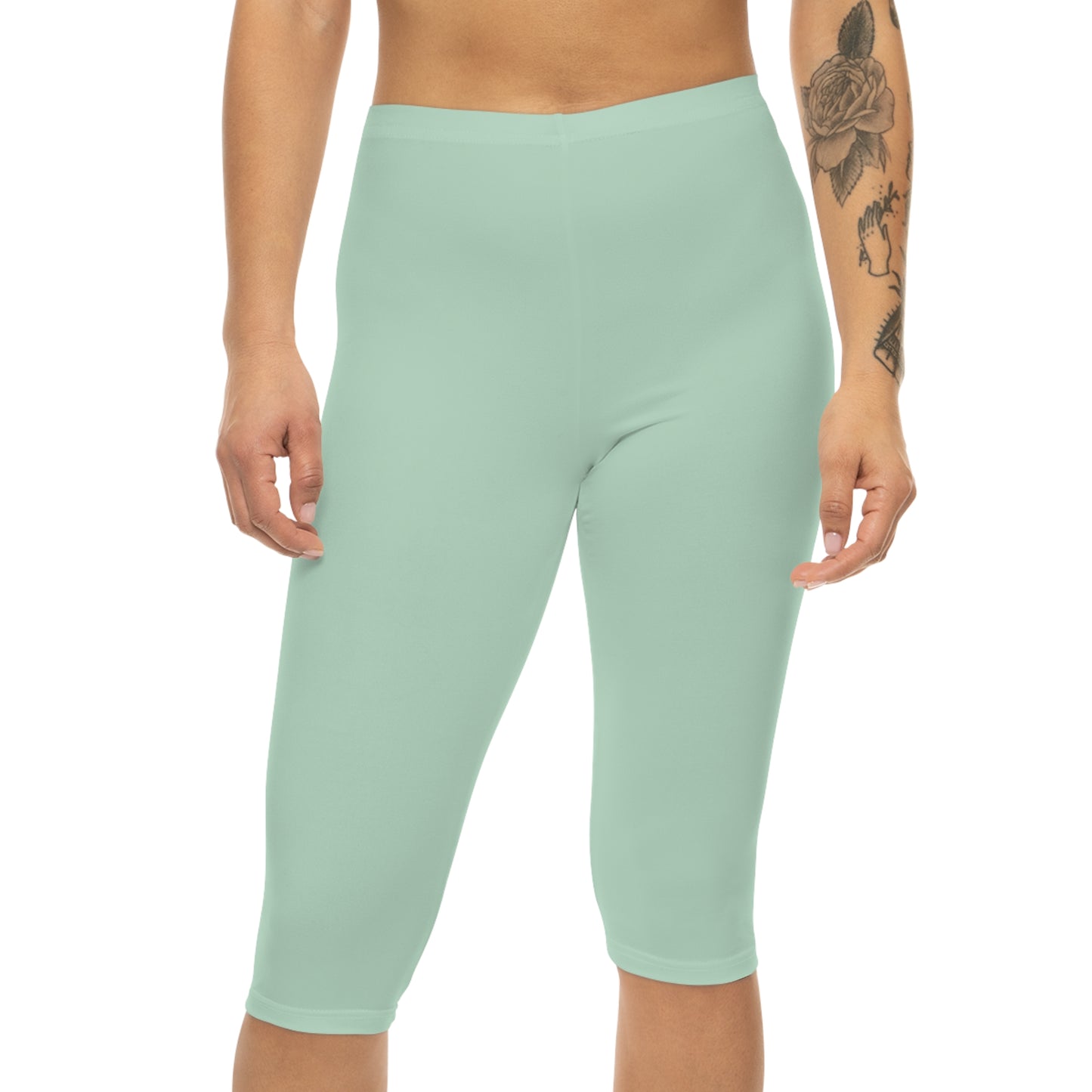 Pale Green Color Women's Brushed Suede Poly Span Casual Capri Leggings XS-2XL