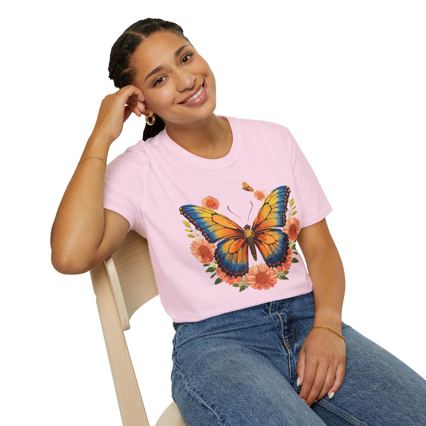 Butterfly T Shirt Unisex Softstyle Gildan 64000 Monarch Print 100 Percent Ring Spun Cotton