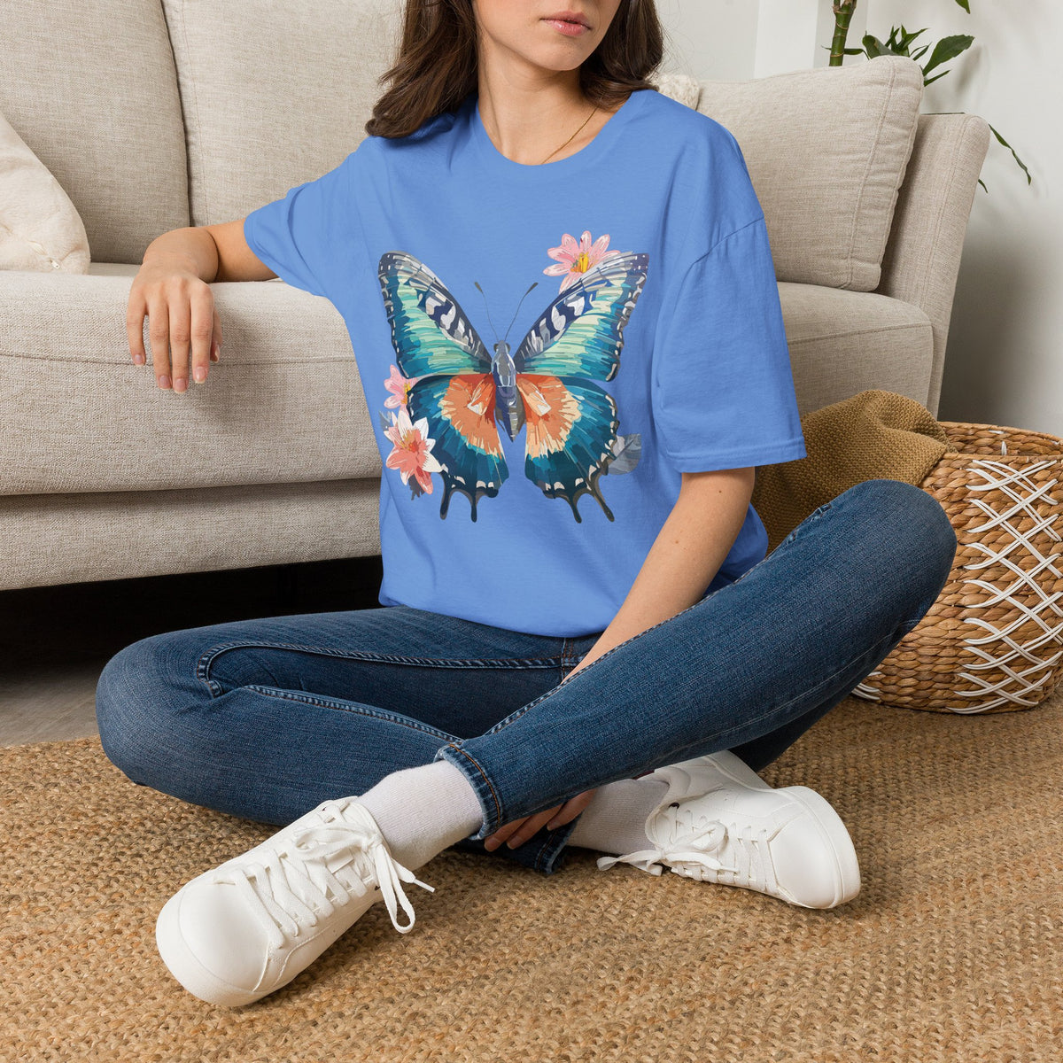 Butterfly Watercolor T-Shirt — Floral Blue Orange Butterfly Graphic Tee Unisex 100 Cotton Gildan T-Shirt