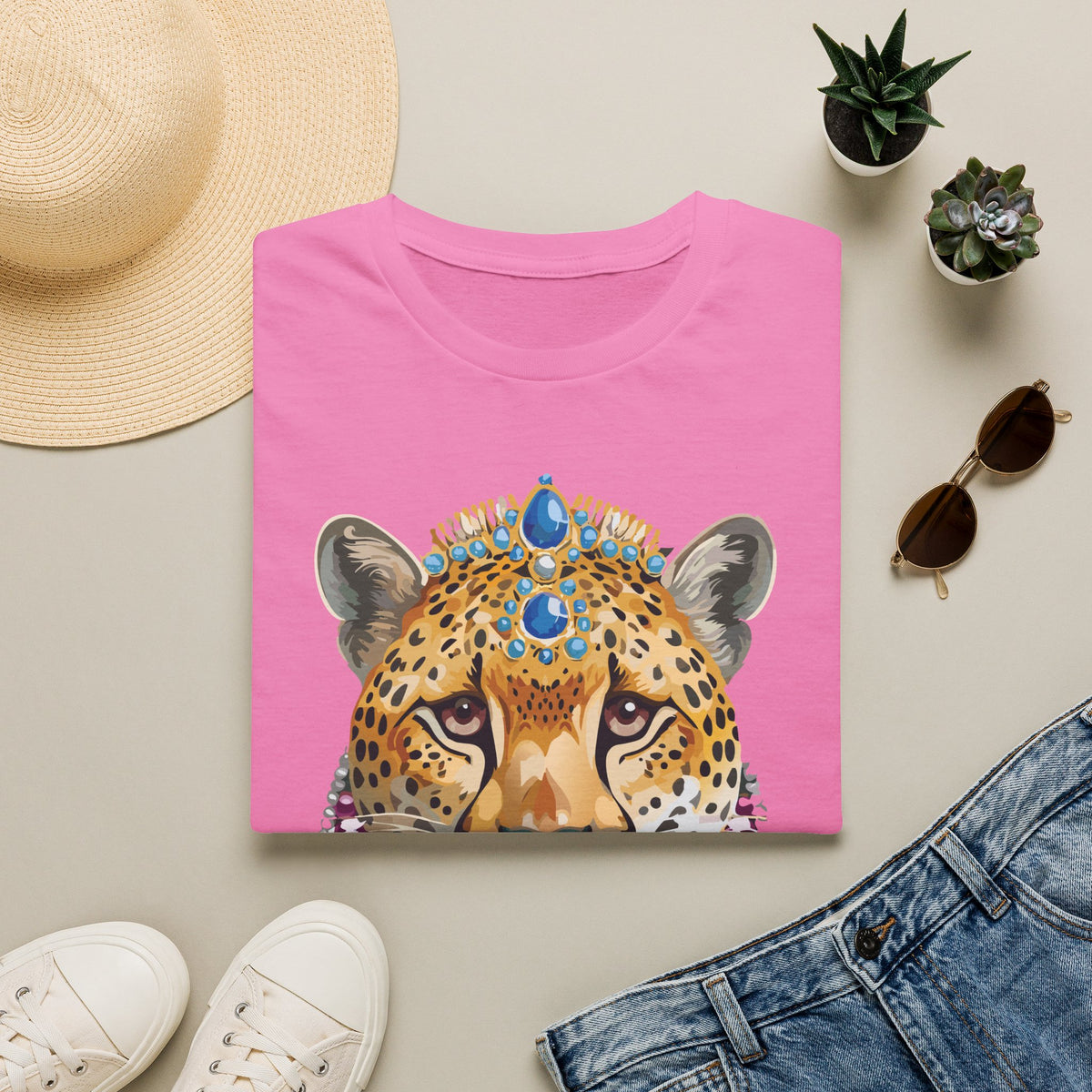 Jeweled Cheetah Face T-Shirt | Ornate Gemstone Leopard Illustration