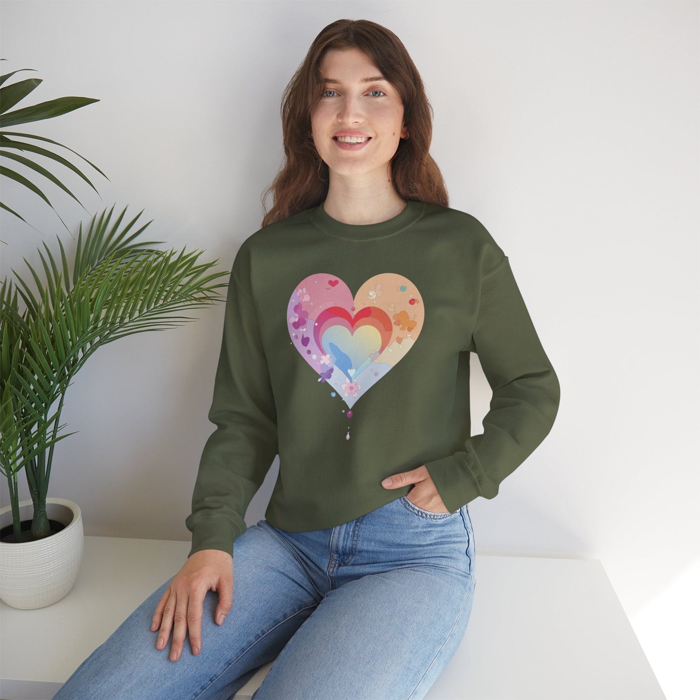 Rainbow Heart Floral Sweatshirt Unisex Valentines Day Gift Cozy Crewneck Sweatshirt