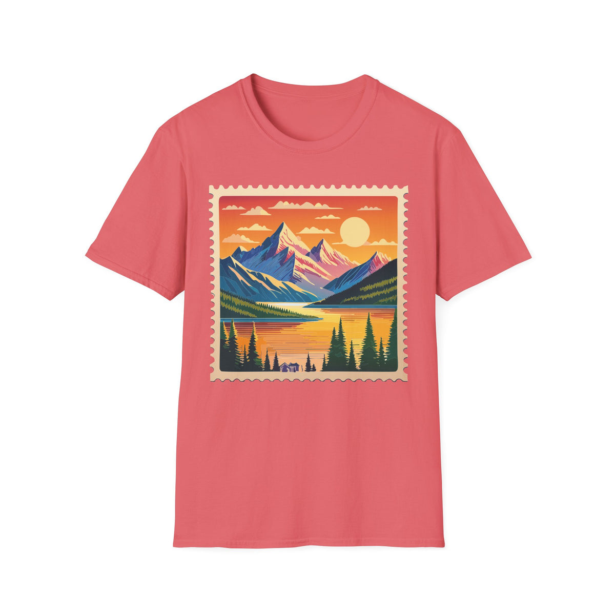 Sunset Mountain Landscape T-Shirt | Vintage Stamp Style
