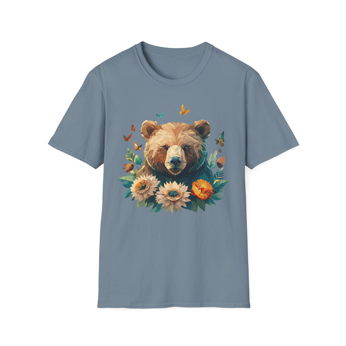 Floral Bear Illustration T-Shirt | Bear with Sunflowers and Butterflies