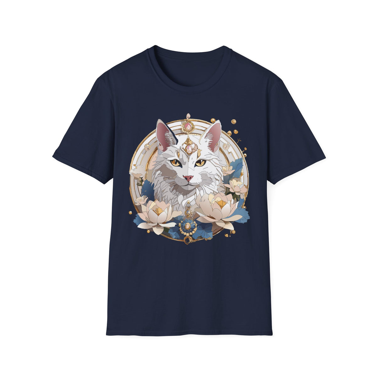 Mystic Moon Cat T-Shirt | Crescent, Floral, Magical Cat Portrait