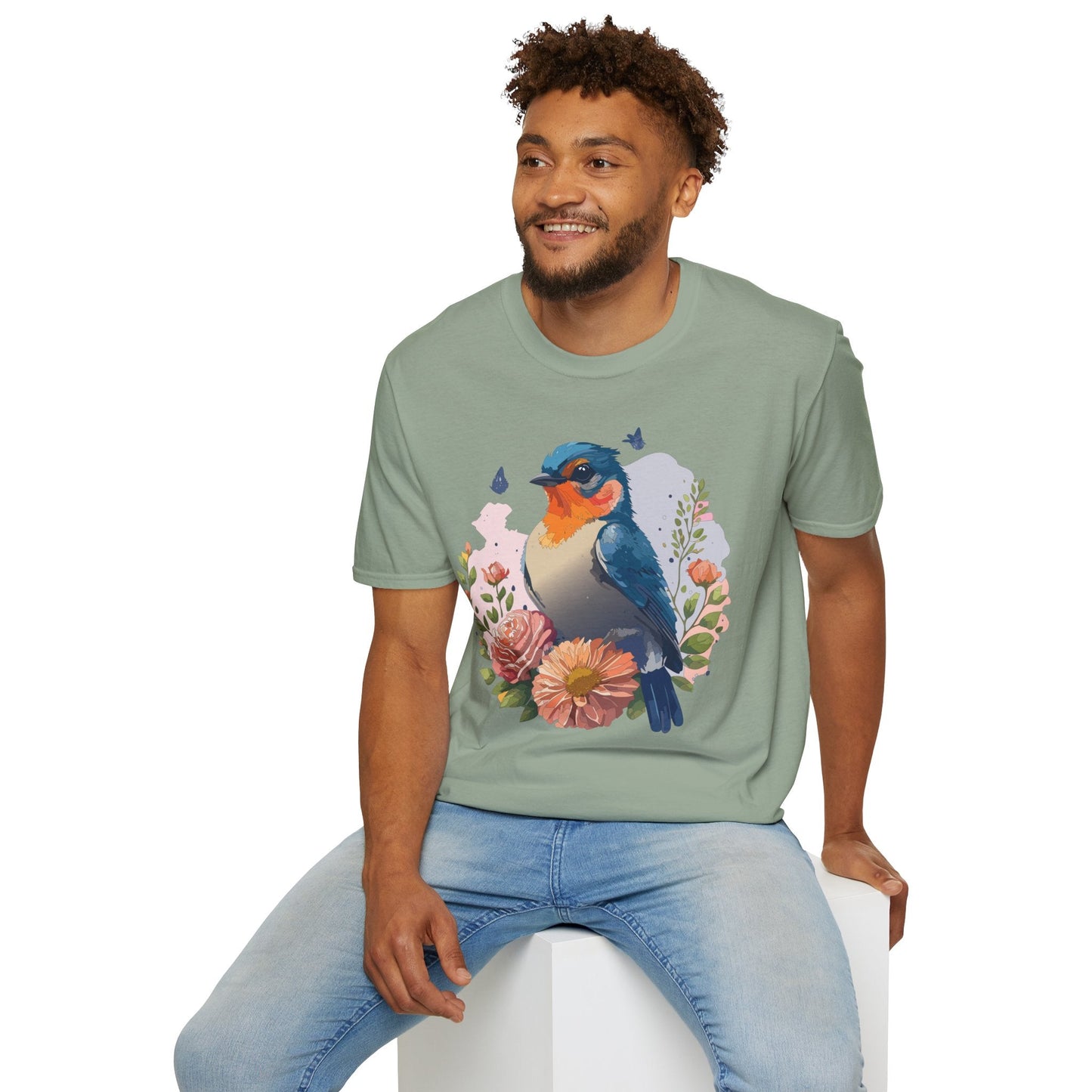 Bird T Shirt Floral Design Unisex Gildan Softstyle 64000 Ring Spun Cotton Tee Breathable Wear
