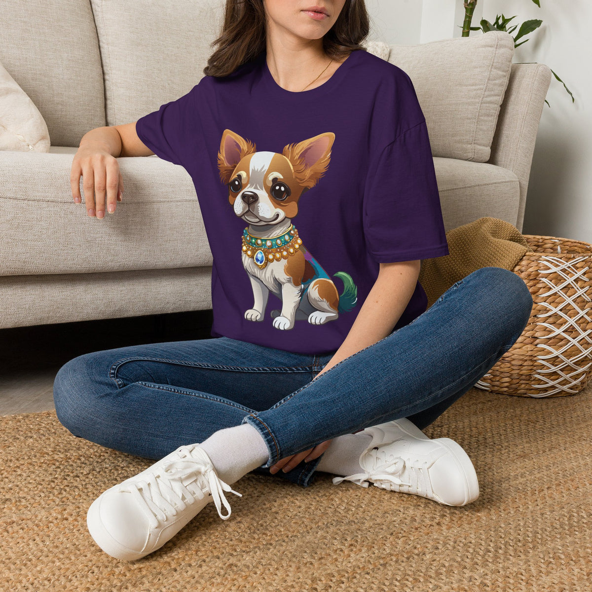 Chihuahua Pup Graphic T-Shirt — Cute Jewel-Collared Dog Graphic Design Unisex 100 Cotton Gildan T-Shirt
