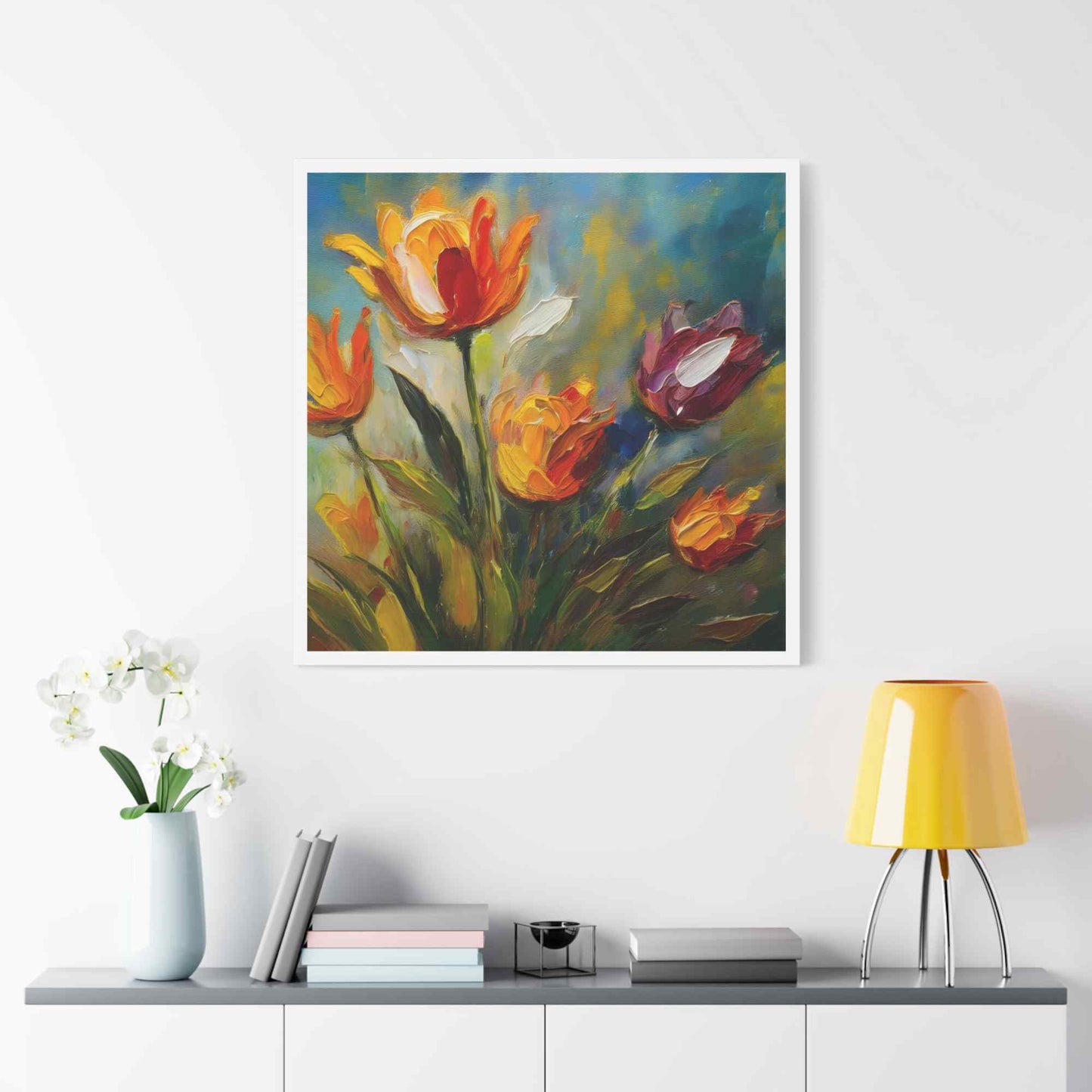 Tulips Print Canvas, Floral Oil Paint Print 20x20, 24x24, 30x30, 32x32, 36x36 Art Design Pine-Wood Inner Frame MC-146