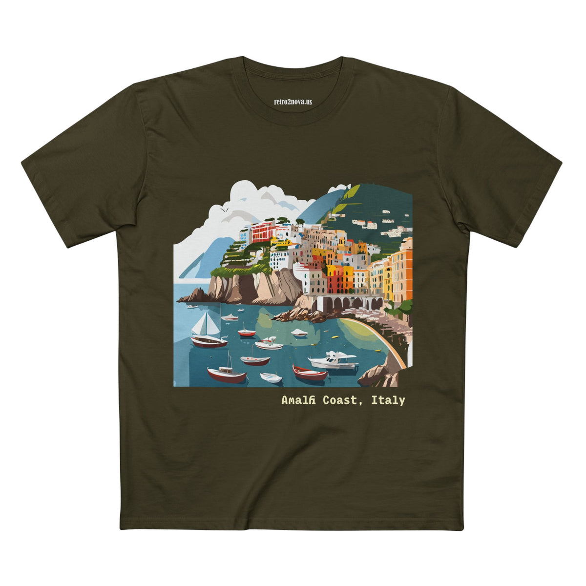 Amalfi Coast Italy Illustration T-Shirt | Coastal Village Beach Scene
