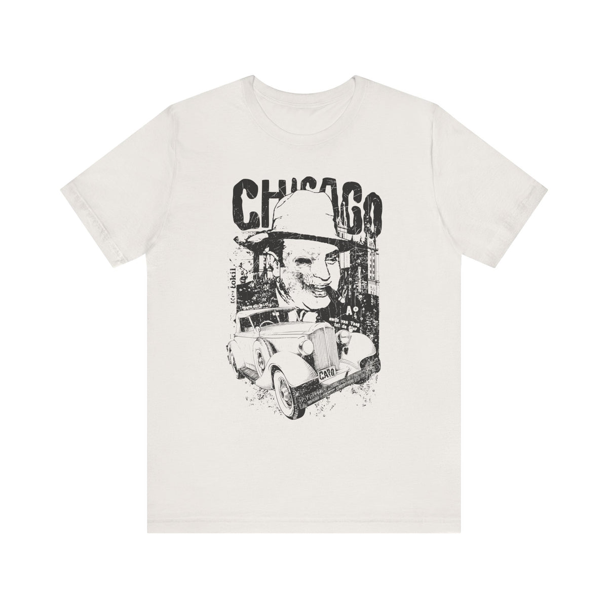 Chicago Retro Mobster Illustration Tee Vintage Car Cityscape Art Design Unisex Cotton T-Shirt A-8