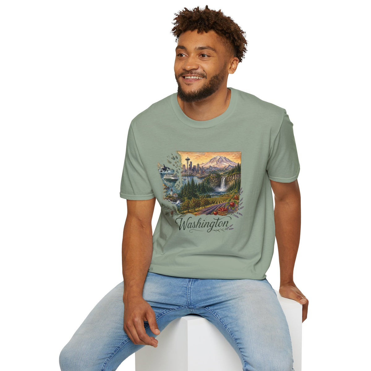 Washington Scenic T-Shirt — Vintage Mountain & Waterfall State Travel Tourist Graphic Design Unisex 100 Cotton Gildan T-Shirt