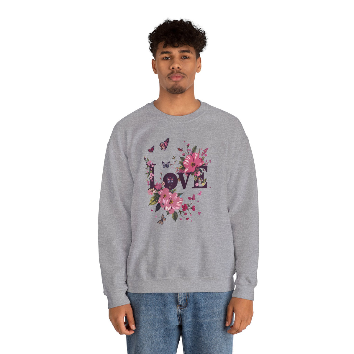 Unisex Floral Love Sweatshirt, Love Floral Sweatshirt, Floral Butterfly Sweatshirt, 50/50 Cotton-Poly Valentine's Day Sweatshirt 05