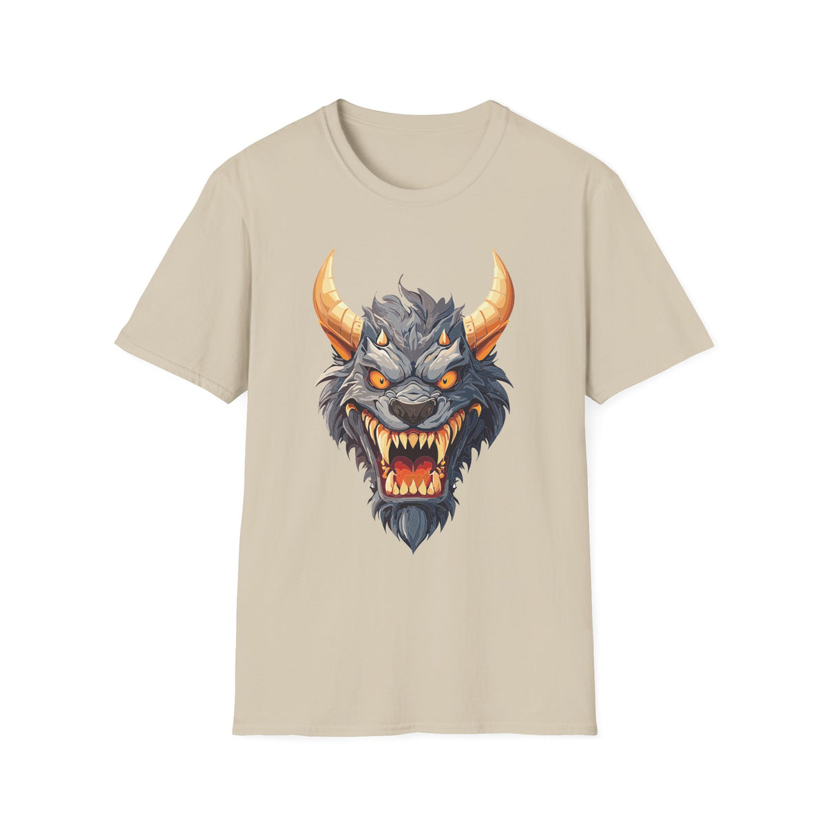 Demonic Beast Head T-Shirt — Horned Monster Cartoon Graphic Tee Unisex 100 Cotton Gildan T-Shirt