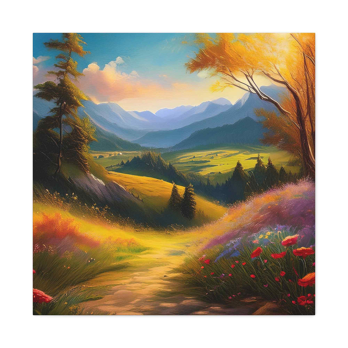 Landscape Print Canvas, Oil Paint Print 20x20, 24x24, 30x30, 32x32, 36x36 Art Design Print Pine-Wood Inner Frame MC-36