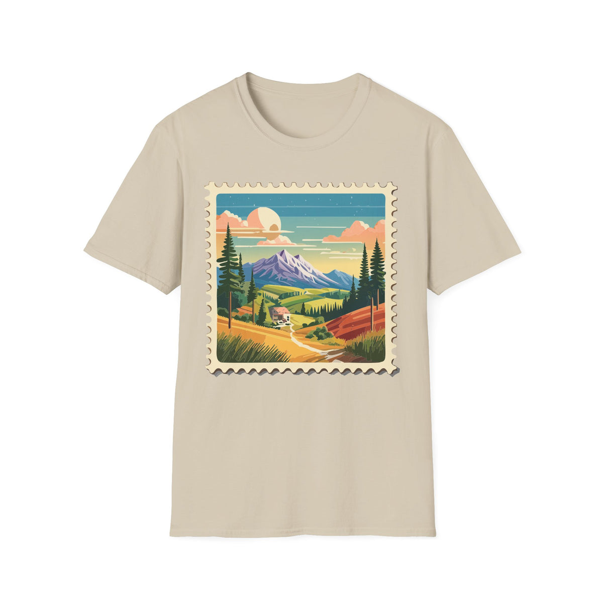 Mountain Landscape Stamp T-Shirt | Retro Sunset Scenic Tee