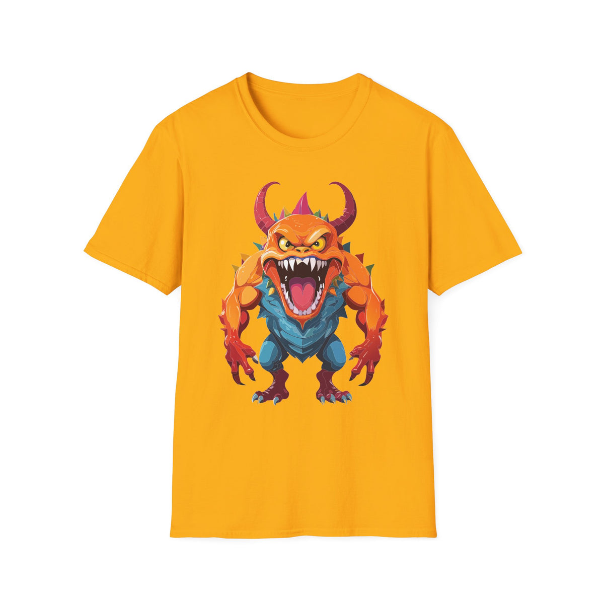 Monster Graphic T-Shirt — Fierce Orange Demon Design Cartoon Graphic Tee Unisex 100 Cotton Gildan T-Shirt