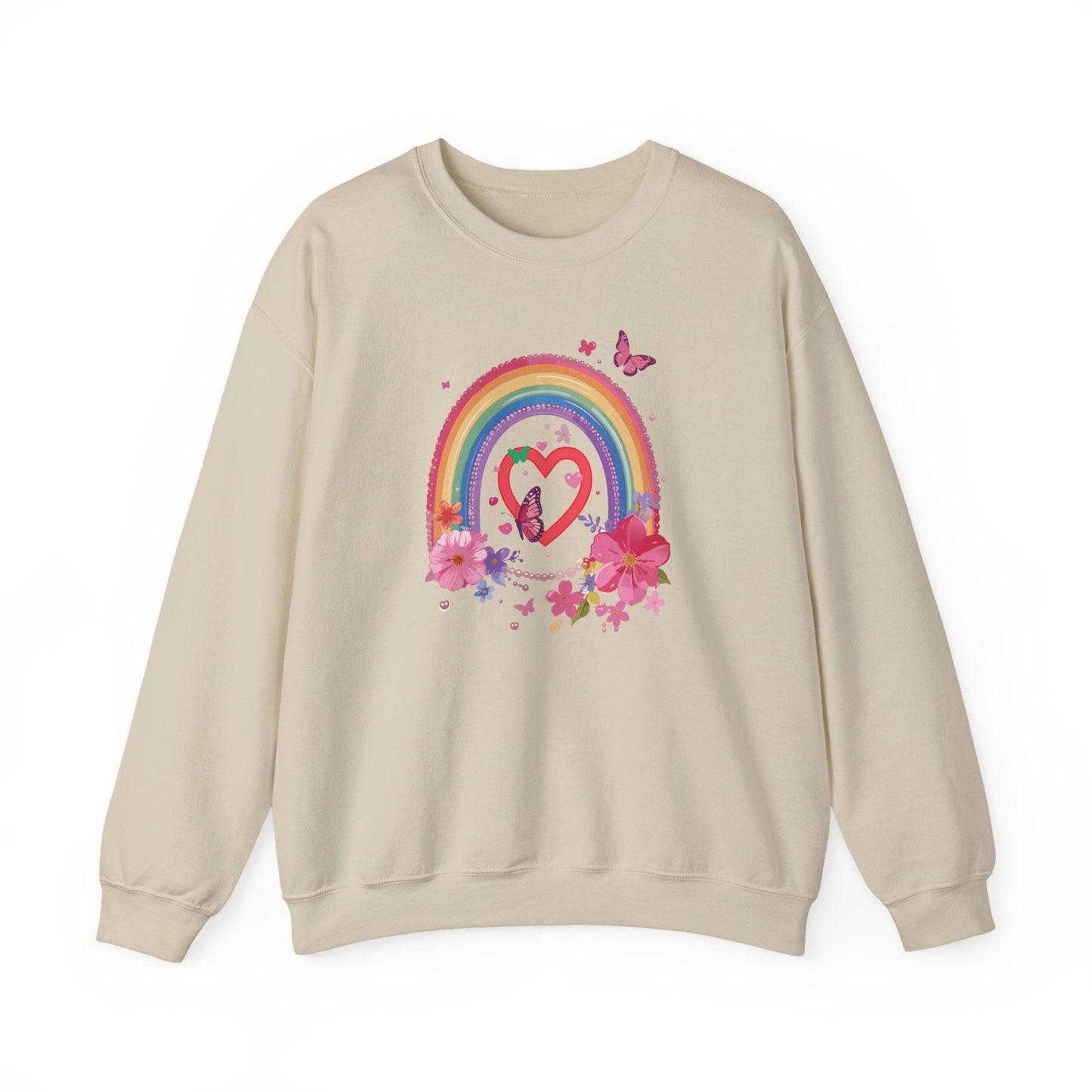Rainbow Heart Floral Sweatshirt For Valentines Day Unisex Crewneck Gildan 18000 Premium