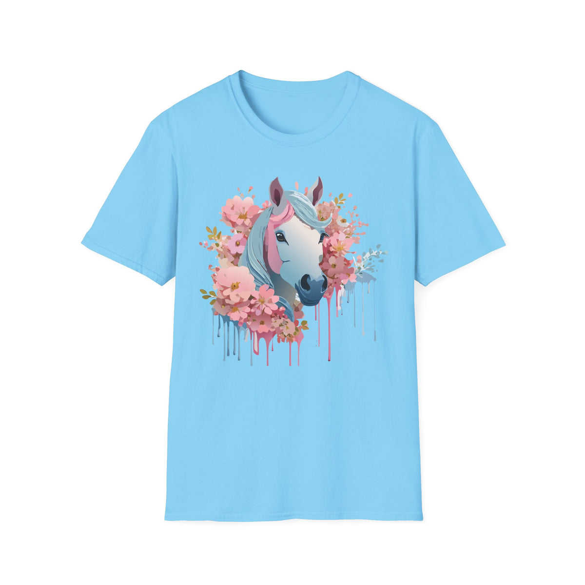 Pastel Floral Unicorn T-Shirt | Horse Portrait, Pink Blue Mane