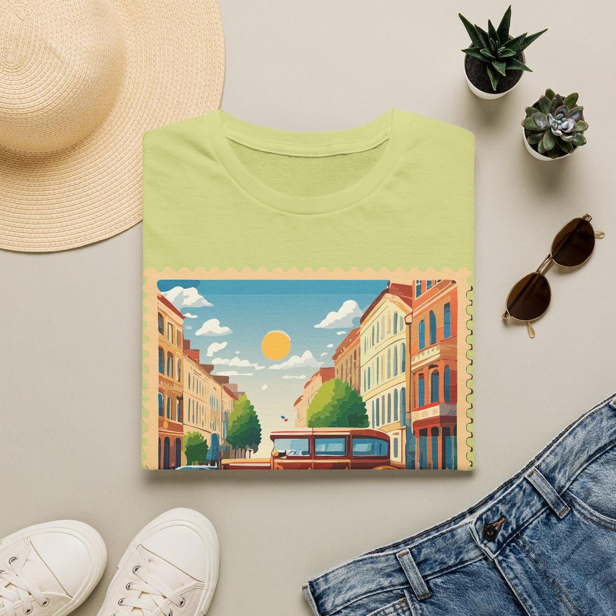 Vintage City Street Illustration T-Shirt | Retro Car, Sunny Urban Graphic Tee Unisex 100 Cotton Gildan T-Shirt
