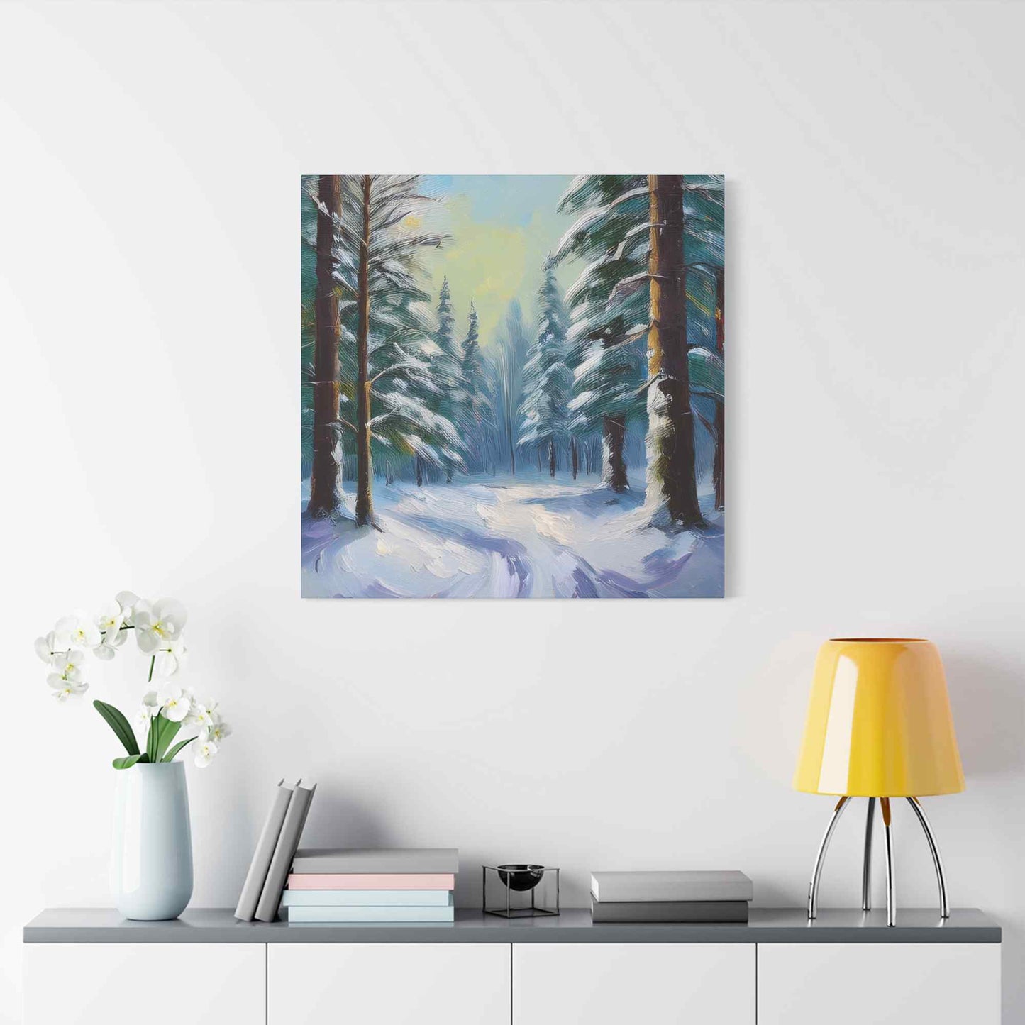 Snow Forest Print Canvas, Oil Paint Print 20x20, 24x24, 30x30, 32x32, 36x36 Art Design Print Pine-Wood Inner Frame MC-77